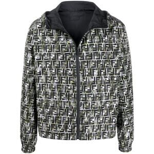 Fendi Green Black Camo Monogram FF Logo Anorak Reversible Windbreaker Jacket 48